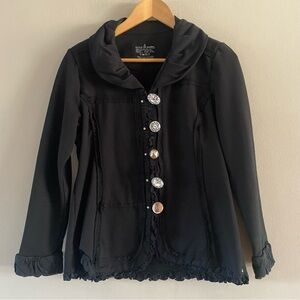 Neon Buddha Black Ruffled Knit Rhinestone Button-Up Lagenlook Jacket Size MEDIUM